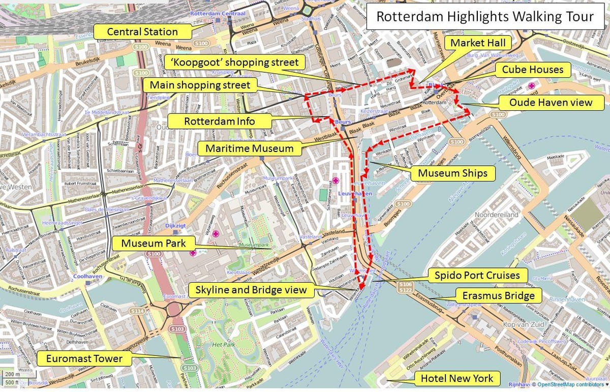 La carte de Rotterdam, visite à pied 
